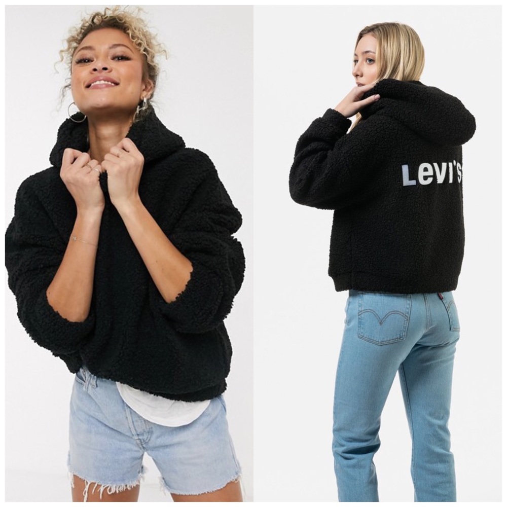 Levi’s Black Anna Sherpa Slogan Popover Hoodie M